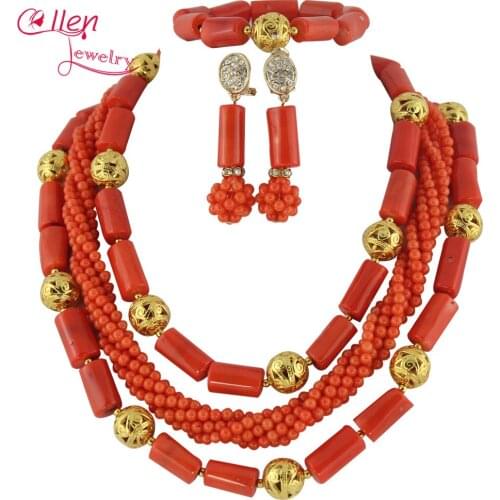 African Beads Jewelry Set Nigerian wedding beads Party African Orange beaded Jewelry Sets coral Beads Jewelry Sets W9895
