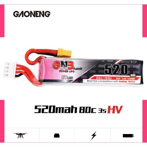 Gaoneng GNB 520mAh 11.4V Lipo Battery 80C 3S HV 4.34V RC Battery XT30 Plug for RC Racing FPV Drone RC Multicopter Accessories