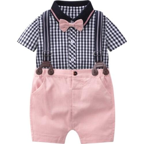 Baby Newborn Children Clothes Suit Fashion Boys Plaid Romper + Pink Short Overalls 2 Piece/Set Cotton Baby Birthday Clothing