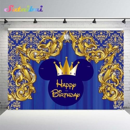 Royal Blue Mouse Gold Crown Pattern Backdrop Boys Baby Shower Baptism 1st Birthday Party Photo Background for Photography Studio