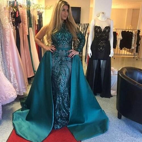 Hot Sale Detachable Overskirt Evening Dress Jewel One Sleeve Sequins Mermaid Prom Party Gowns High Quality