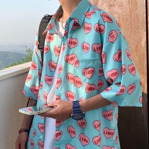 Ice Silk Hawaii Beach Shirt Summer Short Sleeve Shirts Mens Loose Casual Outerwear Thin Full Printed Heart Tops Male Clothes