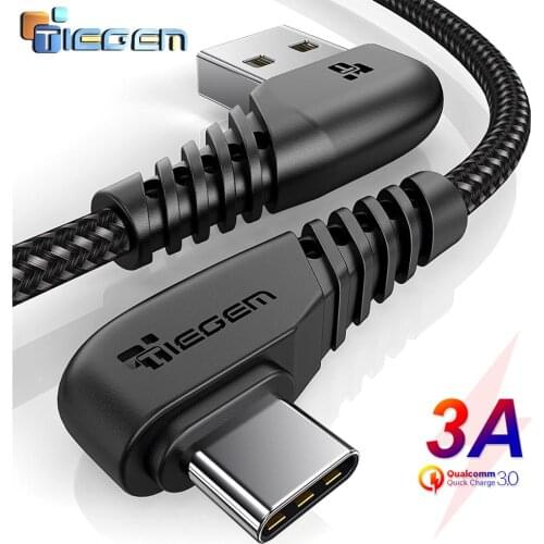 TIEGEM 90 degree USB Type C Cable 3A USB-C Cable Type-C Fast Charging Cord for Samsung S8 S9 S10 PLUS Mobile Phone Cable 2M 3M