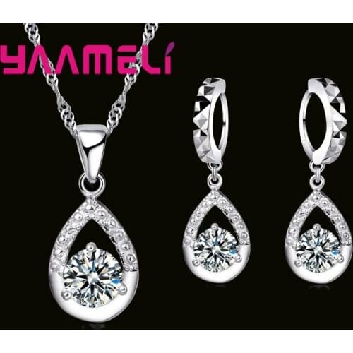 100% 925 Sterling Silver Classical Style Shiny Cubic Zirconia Crystal Necklace Pendant Earrings Jewelry Sets For Women
