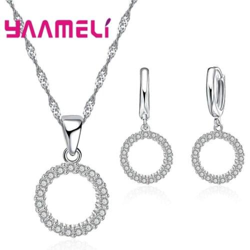 Trendy Zircon Rhinestone Circle Shape Woman Jewelry Set Sterling Silver Party Necklace Earrings For Women Decoration