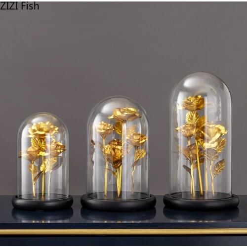 Creative Golden Rose Flower Eternal Flower Glass Cover Decoration Display Cabinet Desktop Art Exquisite Crafts Luxury Home Decor