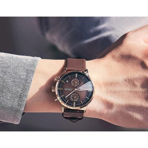 2019 Man Quartz Watch Multifunctional Calendar Waterproof Leather watchband two eyes round dial simple men watch G8095