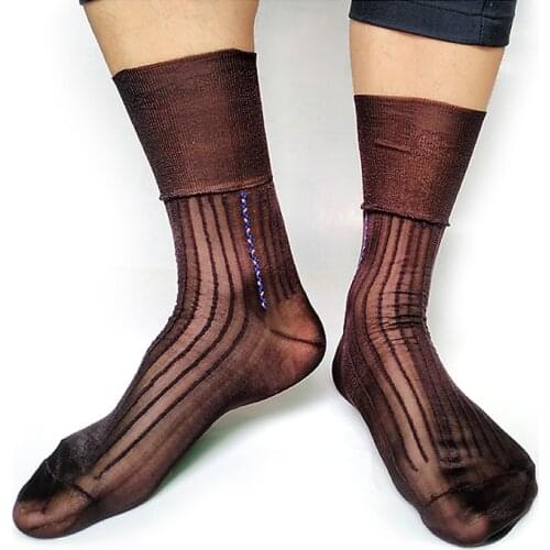 Nylon Silk Mens Socks Sheer Softy Formal Dress Suit Sexy Male Socks Thin High Quality Brand Striped Man