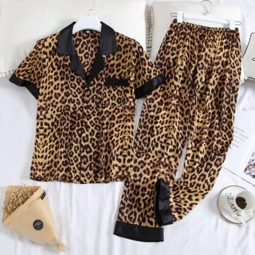 JULYS SONG Womens Pajamas Sets Leopard Printed Men Nightwear Casual Lapel Collar Short Sleeve Unisex Couples Summer Sleepwear