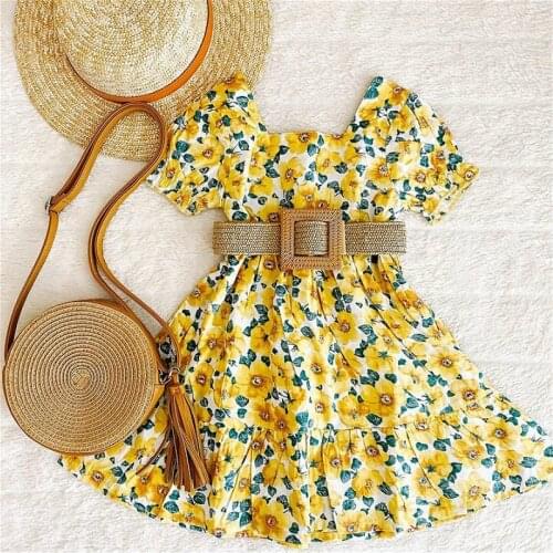Girls Casual Summer Dresses Yellow Square Collar Short Sleeve Flower Dress and Waistband Girls Casual Dresses
