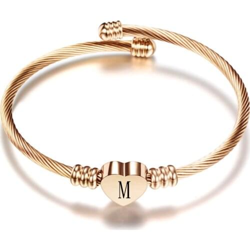Rose gold Color Stainless Steel Heart Bracelet Bangle With Letter Fashion Initial Alphabet Charms Bracelets For Women