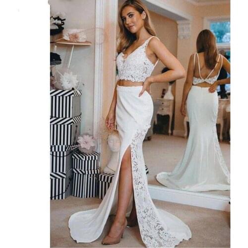 Sexy White Lace Mermaid Evening Dresses V Neck Side Split Backless Two Pieces Formal Prom Gowns Vestidos De Fiesta