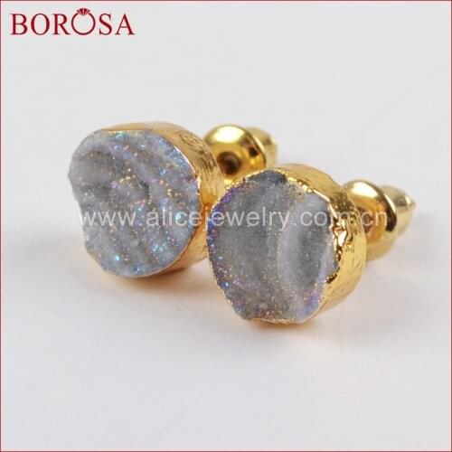 BOROSA Stud-Earring Titanium AB Galaxy Druzy Quartz Stud Earring Jewelry 9mm Round Women Stud for Wedding Party G1379
