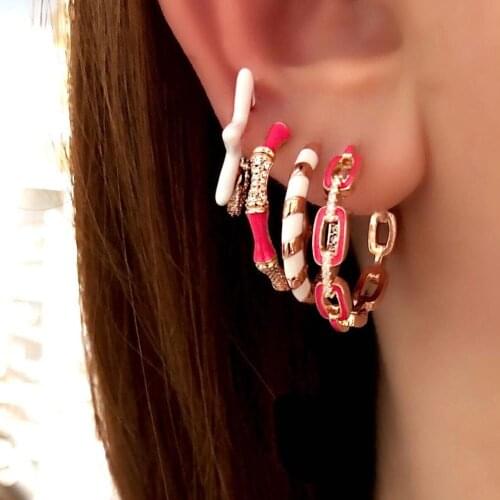 Fashion chic women lady jewelry gold color colorful enamel geometric circle cuban link chain hoop earring