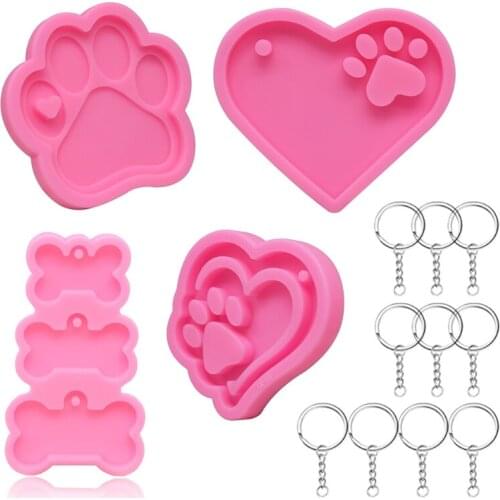 97QE 4 Pieces Dog Paw Silicone Moulds with 10pcs Keyrings Heart Dog Paw Dog Bone Shape Epoxy Resin Mold DIY Crafts Jewelry Mold