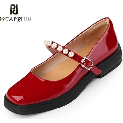 Retro Red Cow Patent Leather Shoes Round Toe Thick Bottom Shallow Mouth One Word Buckle Pearl Autumn New Mary Jane Shoes