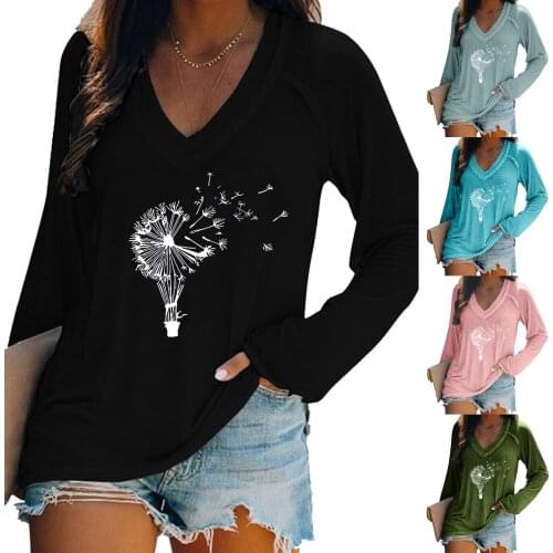 Women Fashion Casual V Neck Long Sleeve Casual Printed T-Shirt Blouse Tops Dandelion Seeds Floating Printing Solid Color Shirt