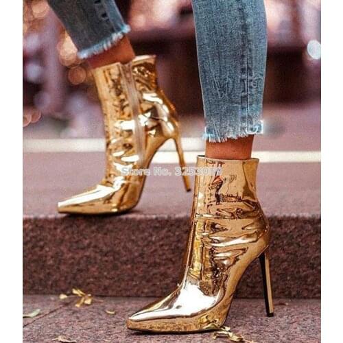 Women Sexy Pointed Toe Gold Silver Patent Leather Ankle Boots Metallic Glossy Stiletto Heels Dress Shoes Gladiator Banquet Pumps