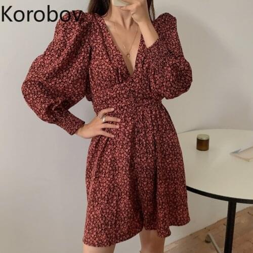 Korobov Korean Chic Vintage Elegant Print Dress Office Lady Long Sleeve Sexy V Neck Dresses Autumn New Vestidos Femme