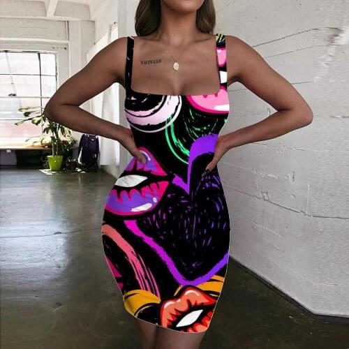Giyu Brand Lips Dresses Women Graffiti Vestido Sexy Colorful 3d Print Love Halter Sleeveless Womens Clothing Party New Boho
