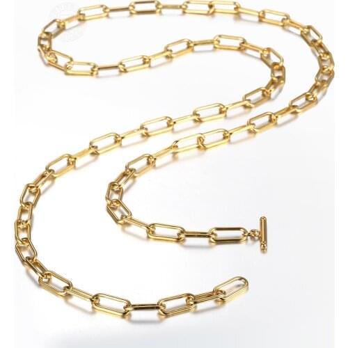 7mm Double Layered Gold Color Stainless Steel Rolo Box Chain Long Necklace for Women Girls Toggle Clasp Jewelry Gifts LDN194A