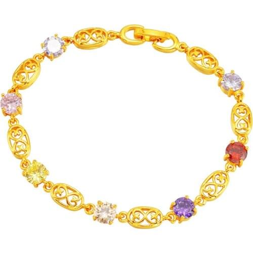 Dubai 24K Gold Bracelet for Women Hollow Heart Shape Natural Crystal CZ Pulseira Feminina Lovers Engagement Jewelry