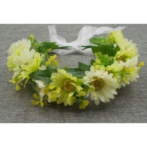 Artificial Gerbera Daisy Flowers Crown Ivory Green Theme Greenery Wedding Travel Quinceanera Accessories Fairy Headdress