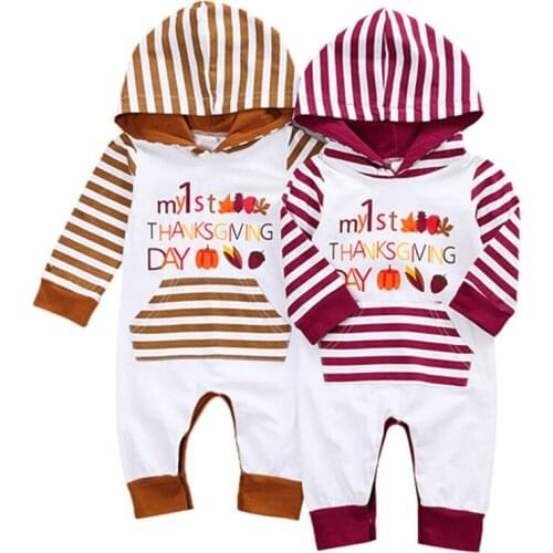 Thanksgiving Newborn Baby Boy Girl Long Sleeve Print Hooded Romper Jumpsuit Playsuit Outfits Baby Clothes