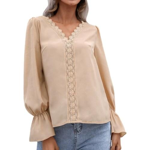 EFINNY Elegant Blouse Women Casual T Shirts V Neck Lace Crochet Flowy Bell Sleeve Button Down Female Tops