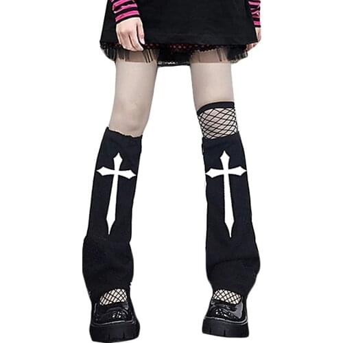 Women Punk Gothic Black Leg Warmer Y2k Girls Cross Printed Goth Foot Cover Hipster Jk Student Stockings leg Warmer
