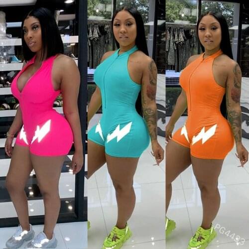 Imcute Reflective Streetwear Skinny Summer Rompers Women Short Playsuit Sleeveless Sexy Bodycon Jumpsuit Female Plus Size S-5XL