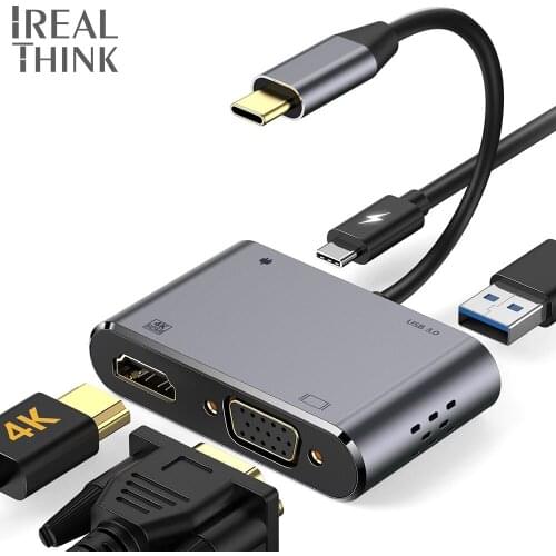 IREALTHINK USB Type-C Hub USB C Adapter OTG Connector To VGA 100W-PD USB 3.0 Hub Ultra HD 4K USB C Hub For Macbook Pro