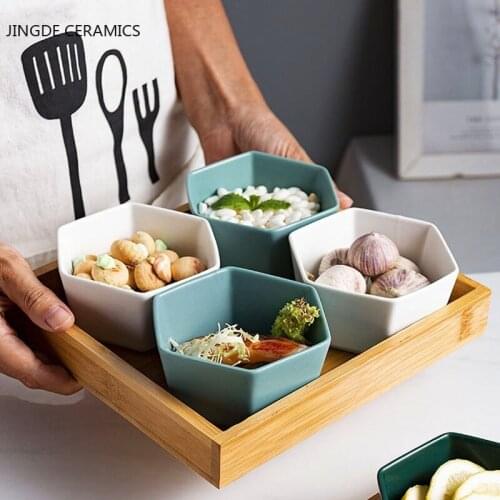 Creative Hexagon Ceramics Grid Fruit Plate Wooden Pallets Snack Dish Partition Child Salad Bowl Nordic Desktop Dried Fruit Tray