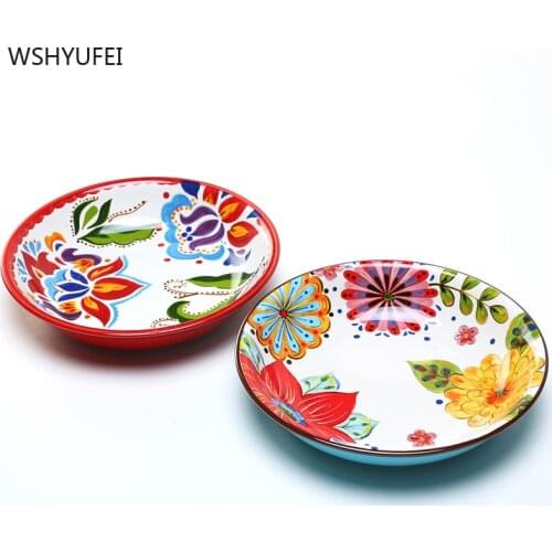 Round hand painted flower ceramic plate fruit salad plate dessert steak japanese cuisine kitchen storage decorative tableware