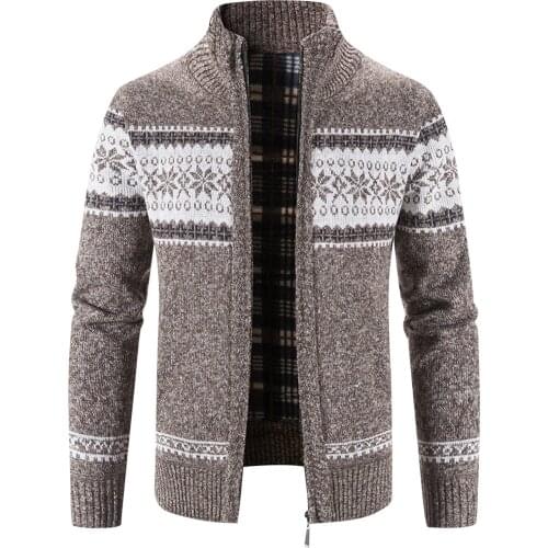 Mens Block vintage striped Printed Stand Collar winter Warm Mens zipper Knit Jacket Coat Куртка мужская Mens clothing 2021