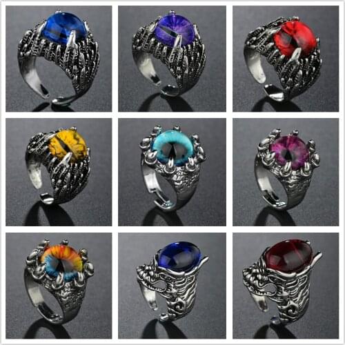 Punk Vintage Men Retro Dragon Claw Evil Eyes Rings Devil Eyeball Snake Animal Male Crystal Finger Ring Jewelry Halloween Gifts