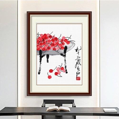 Crafts for kids Chinese famous ink painting cherry cross stitch kit No frame to send embroidery tool materials
