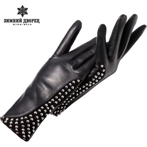 Genuine Leather gloves Punk style gloves female Fashion leather gloves warm gloves winter Popular style gloves women rivet desig