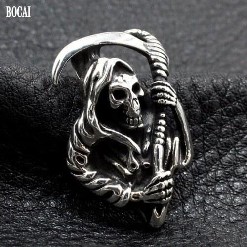BOCAI New 2021 Fashion s925 Silver Handmade Skull Death Pendant Sickle Dark Gothic Motorcycle Man Pendant