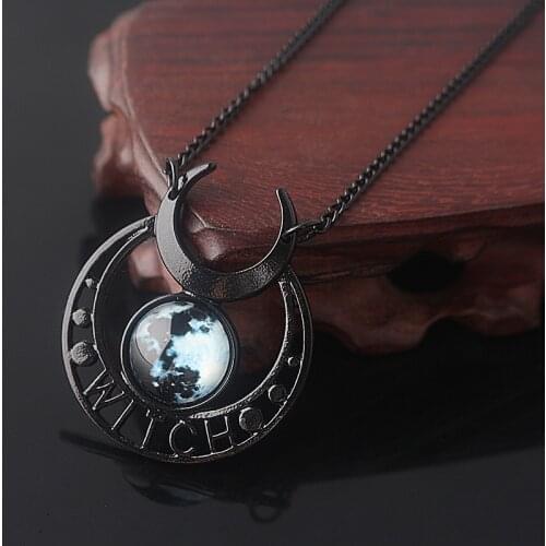 Punk Gothic Witch Black Moon Necklace Triple Moon Goddess Blue Stone Necklace For Women Men Cosplay Jewelry Gift