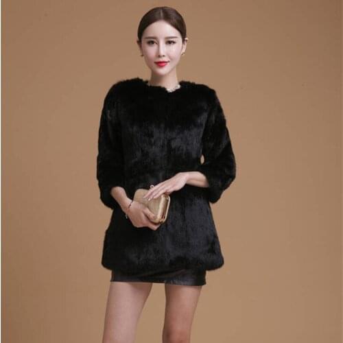 Natural Fur Coat New Winter Entire Skin Real Rabbit Fur Long Coat Korean Female Three Quarter Sleeve Soft Fur Coats With A Belt