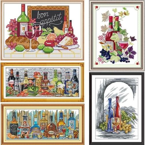 Joy Sunday Stamped Cross Stitch Kit Life In Wine Glass Patterns 14CT 11CT Counted Handmade Embroidery Needlework Accessories Set