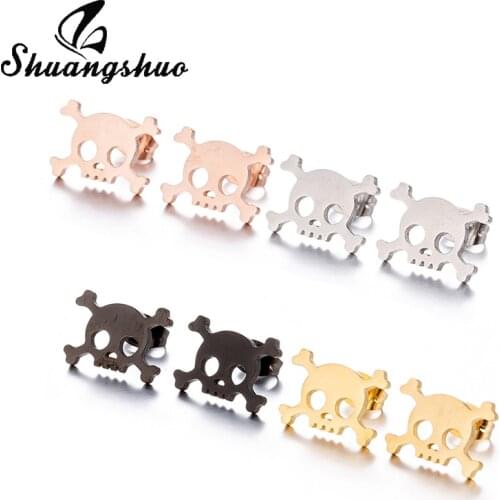 Shuangshuo New Pirate Skull Earrings Ear Plugs Stainless Steel Skeleton Stud Earring For Women Hiphop Style Jewelry