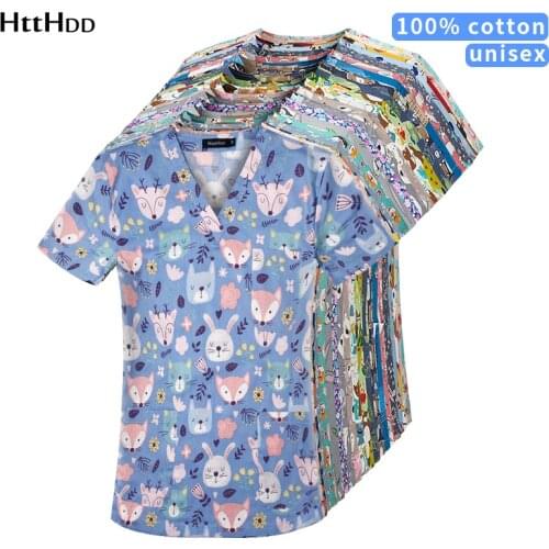 Htthdd new cotton Pink flamingo printing nurse scrubs uniform beauty salon nursing uniform lab uniform Scrub uniform Work clothe
