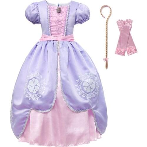 VOGUEON Halloween Kids Deluxe Sofia Dress Up Girls Puff Sleeve Patchwork Sophia Princess Costume Girls Cosplay Party Fancy Dress