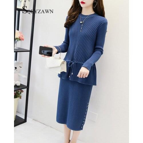 2 Piece Set Sweater Knitted Skirts Suits Women 2019 Winter Elegant O Neck Long Sleeve Pullovers Bodycon Split Rivet Pencil Skirt