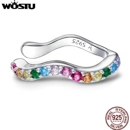 WOSTU Rainbow Earrings Clip 925 Sterling Silver Rainbow Color Zircon Wave Women Clip Earrings Women 925 Silver Jewelry CQE894