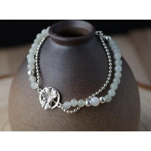 FNJ 925 Silver Bracelet for Women Jewelry Original S925 Sterling silver Bracelets Lotus Natural Jade 18cm +4cm
