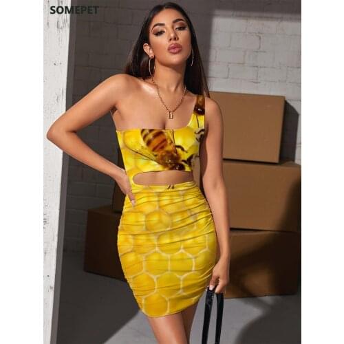 SOMEPET Bee Dress Women Animal Bodycon Dress Lovely Halter Sleeveless Harajuku Pleating Womens Clothing Plus Size Vintage Boho