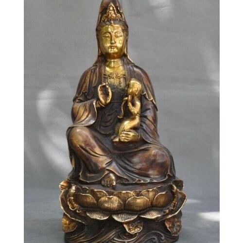 13"China Buddhism bronze gilt Song zi Kwan-Yin Guanyin Bodhisattva Buddha statue